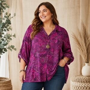 Catherines Womens Blouse 3X Paisley Roll Tabl Sleeve Top Office Career Plus Size